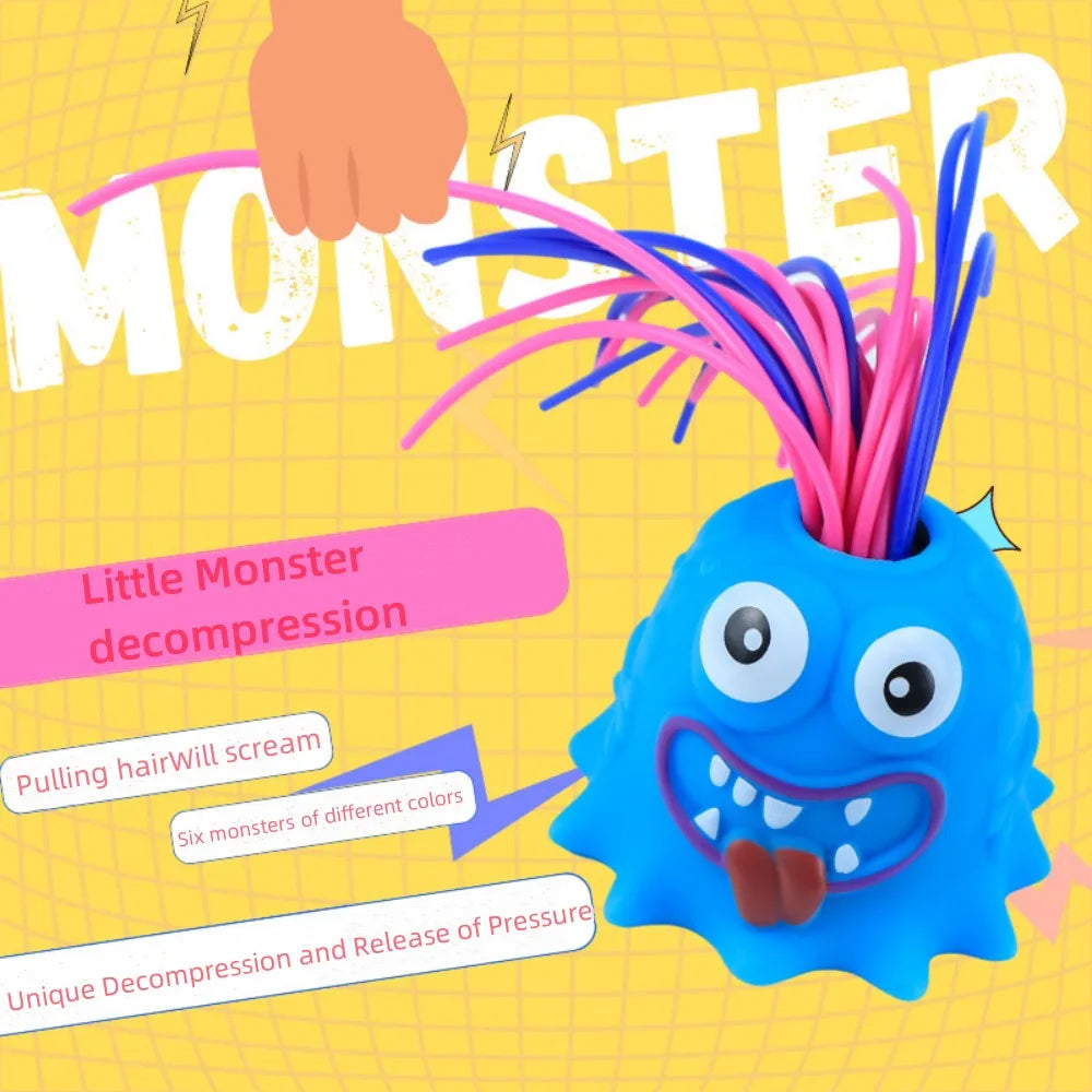 Blue monster stress toy with pink and purple hair being pulled upward