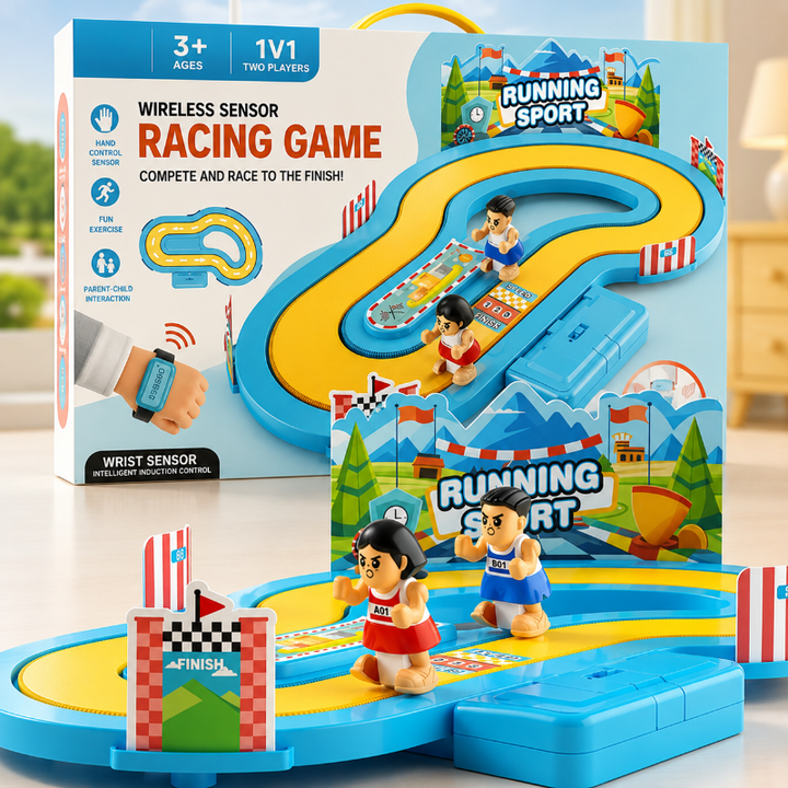 Blue racing track with two runner figures displayed in front of its retail box.