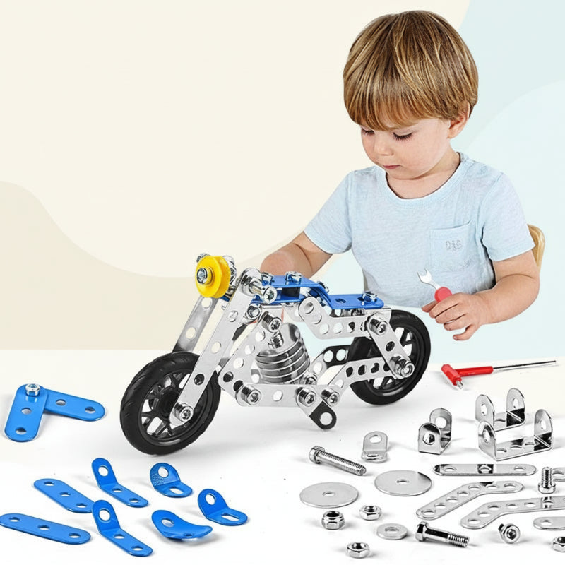 A child assembling a blue motorcycle model with metal parts and hand tools