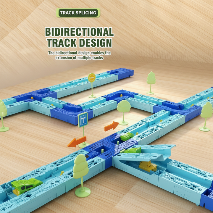 Blue race track layout with branching routes, toy cars, signs, and trees
