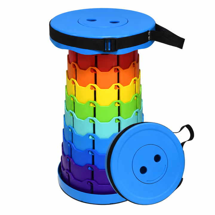 Blue multicolor telescoping stool beside its compact, collapsed form