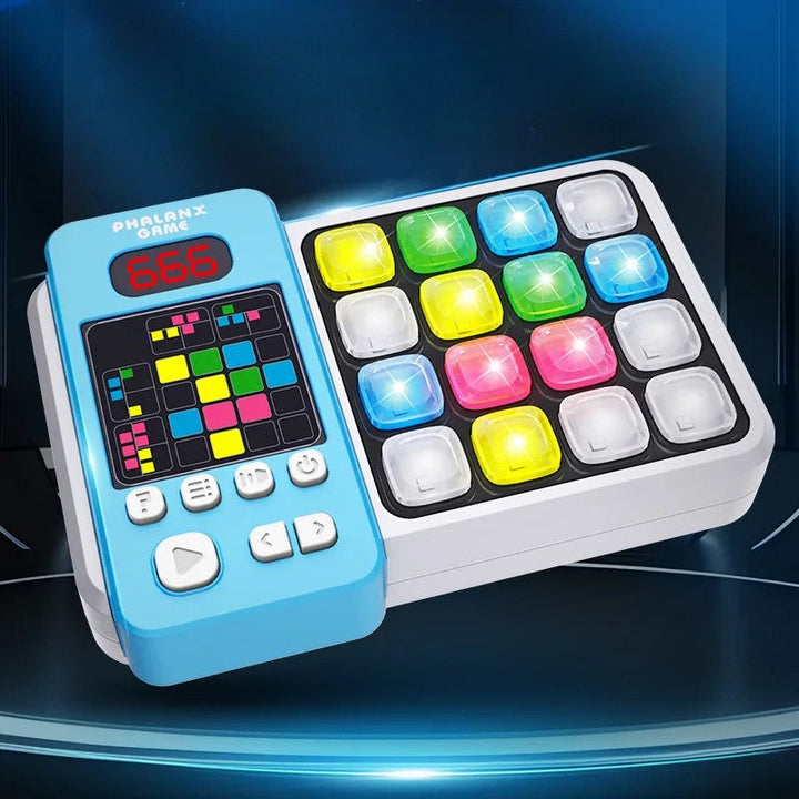 Blue musical game console with a color display and a 16-button light-up grid.