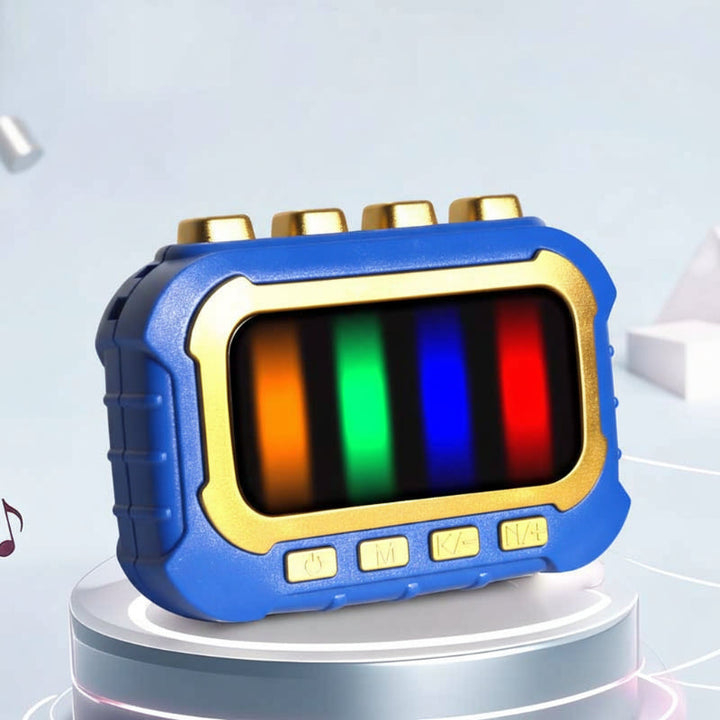 Blue musical fidget game with gold-colored trim and four top buttons.