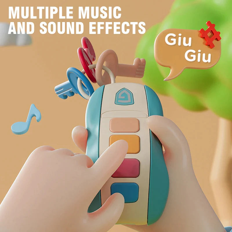 Hands pressing a button on a blue musical key toy with colorful keys attached