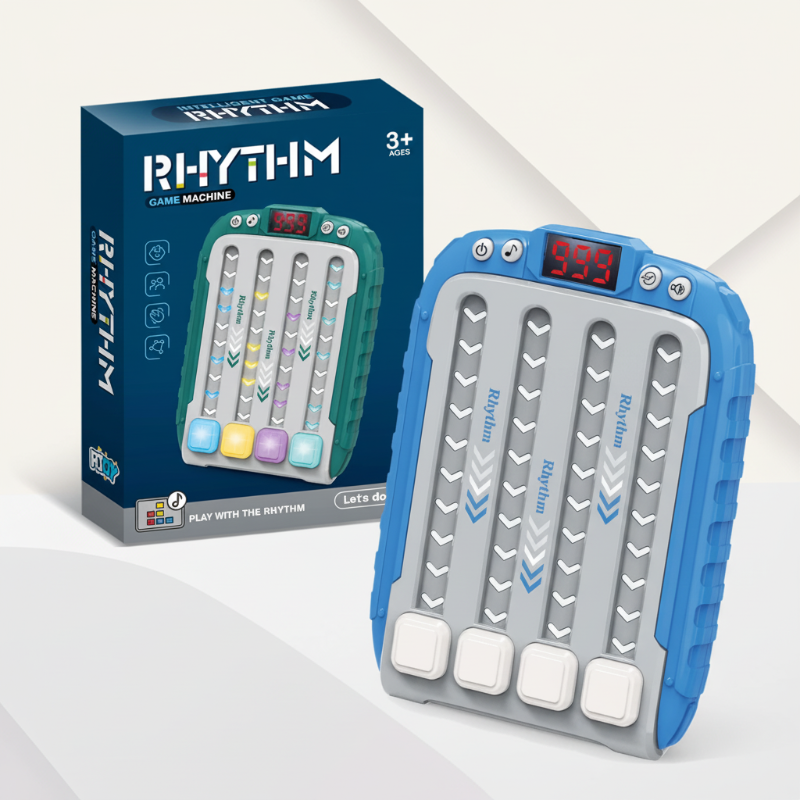 Blue musical reflex game standing beside its retail box