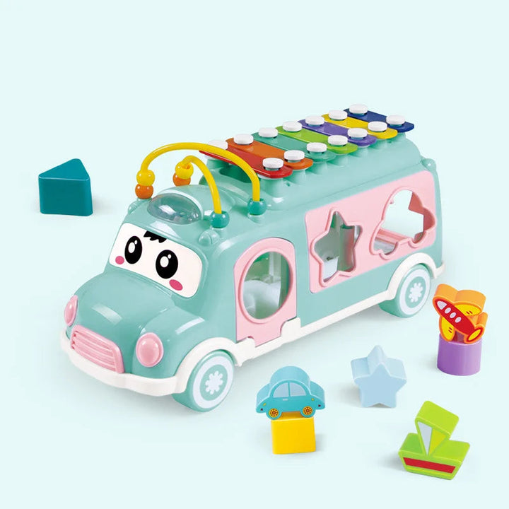 Blue musical toy bus with roof keys, curved bead tracks, and colorful sorting blocks