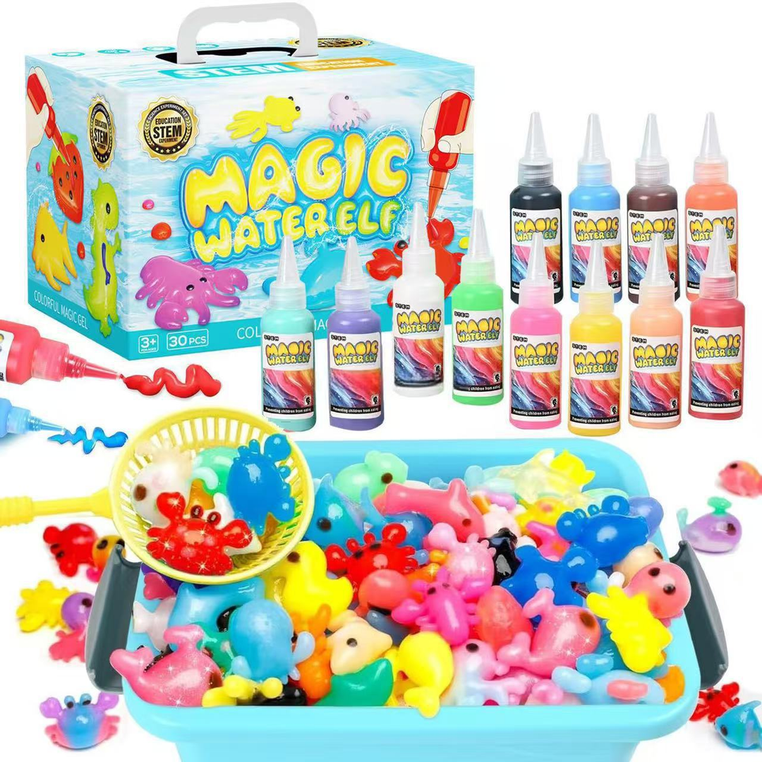 Blue craft box with color bottles and a tray of colorful molded animal figures