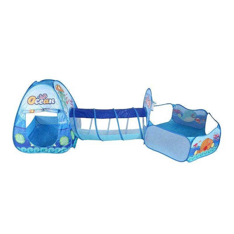Blue ocean-print play tent, mesh-sided crawl tunnel, and matching ball pit