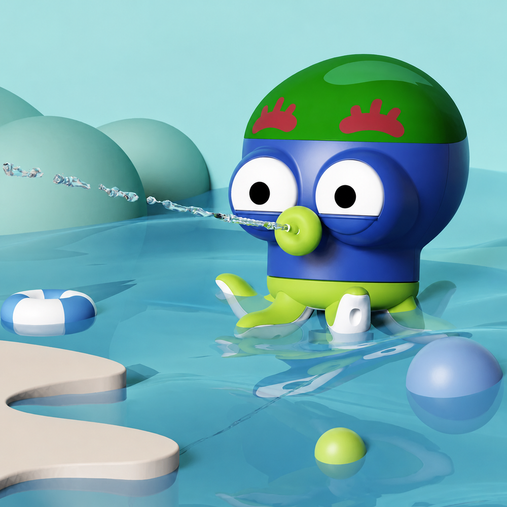 Blue octopus bath toy with a green top spraying water from its mouth