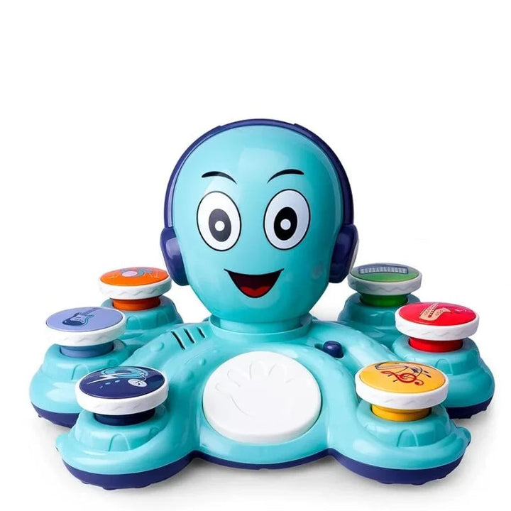 Blue octopus music toy with six colorful musical inserts and a large white center button.