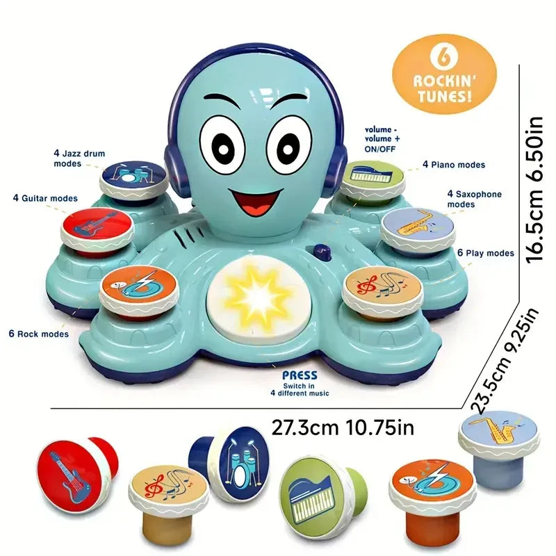 Blue octopus music toy measurement diagram with removable inserts and labeled music modes.