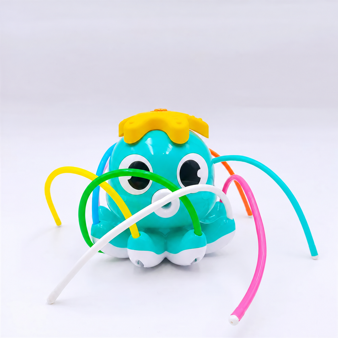 Blue octopus sprinkler with a yellow top and colorful tubes on a white background