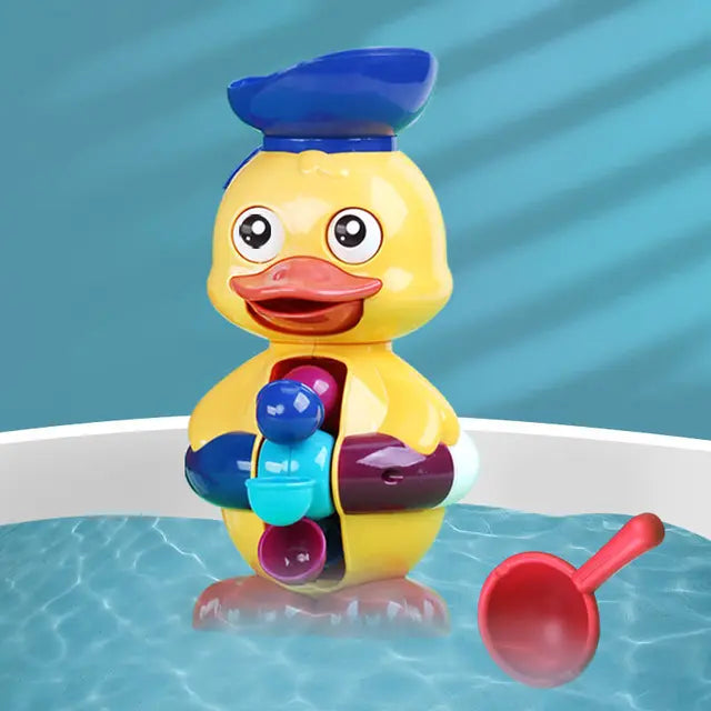 Blue option duck bath toy with a dark blue top bowl and red scoop