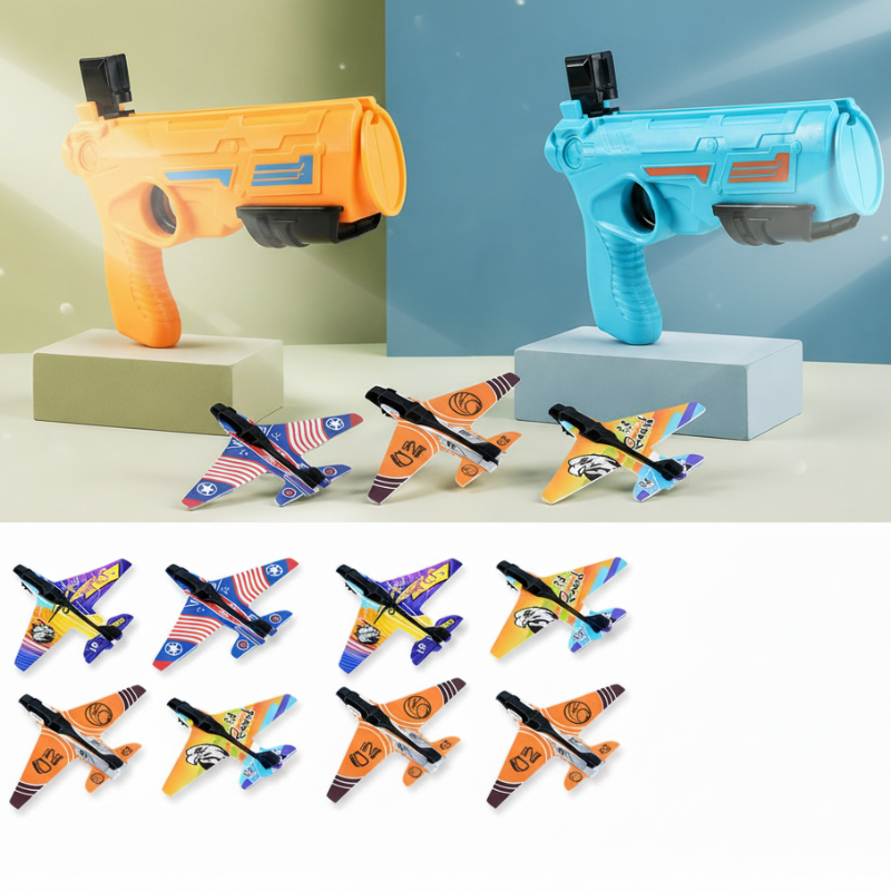 Blue and orange airplane launchers displayed with colorful foam planes