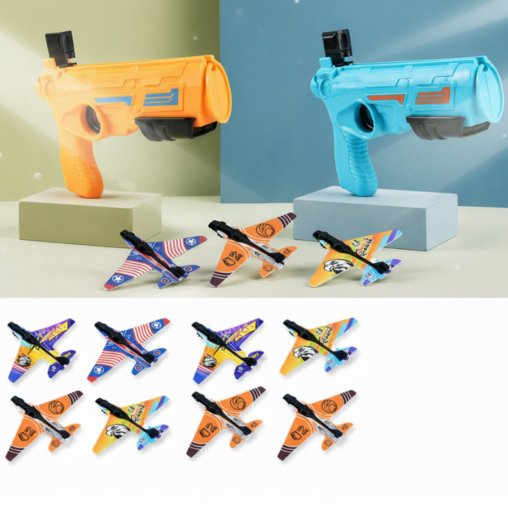 Blue and orange airplane launchers displayed with colorful foam planes