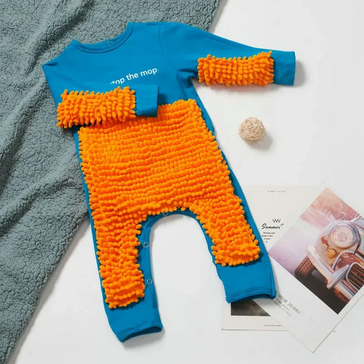 Blue baby jumpsuit with orange cleaning fibers on the front and sleeves