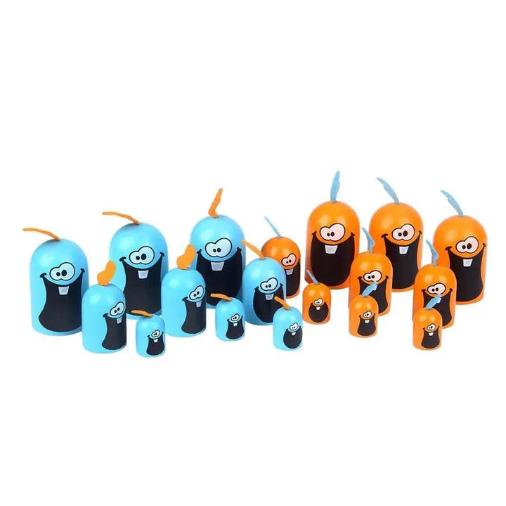 Blue and orange tic-tac-toe pieces displayed in small, medium, and large sizes.