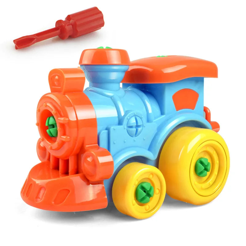 Blue and orange toy train with yellow wheels and a red screwdriver