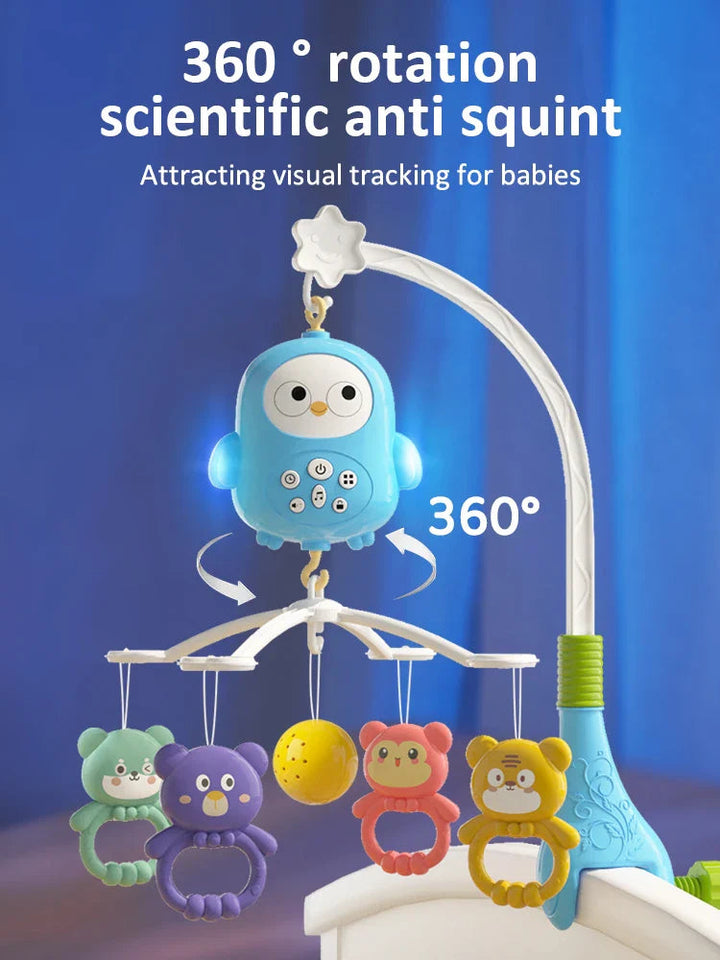 Blue owl mobile with colorful hanging animals and a graphic showing 360-degree rotation.