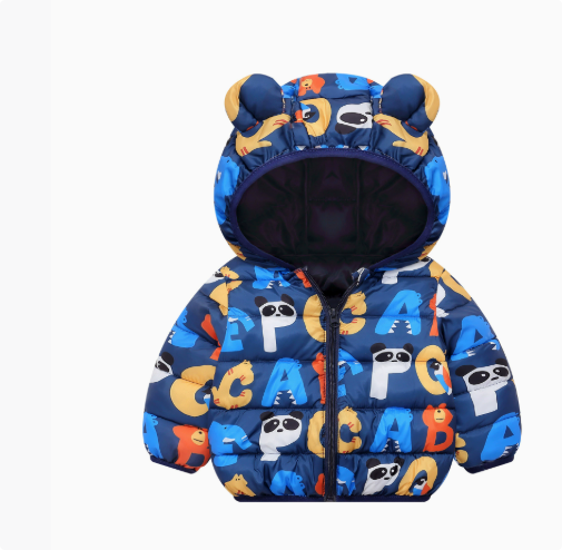 Blue puffer jacket with panda and letter prints, rounded hood ears, and a front zipper