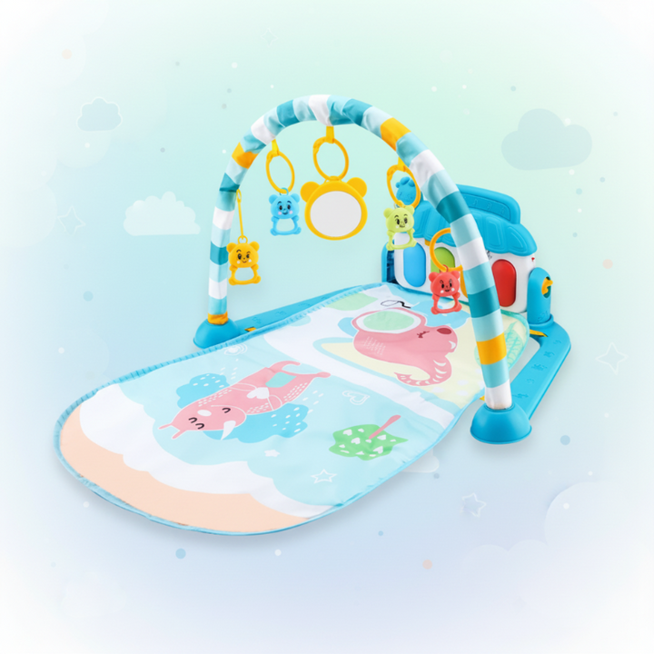 Blue baby play gym with a pastel animal-print mat and yellow hanging toy rings