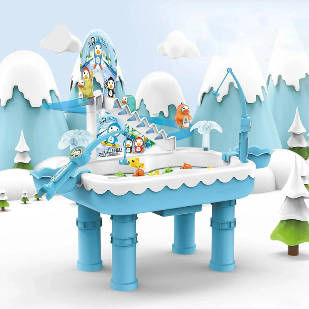 Blue penguin fishing playset displayed in a snowy scene