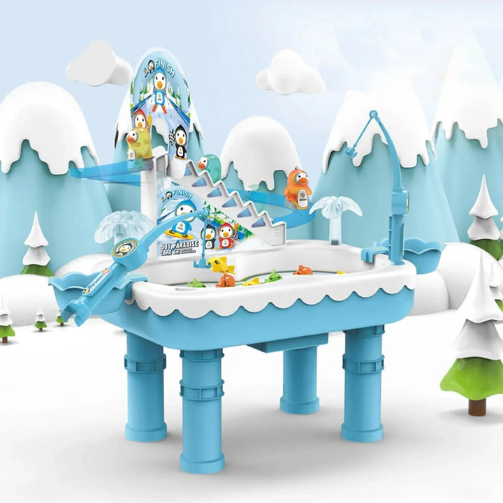 Blue penguin fishing playset displayed in a snowy scene