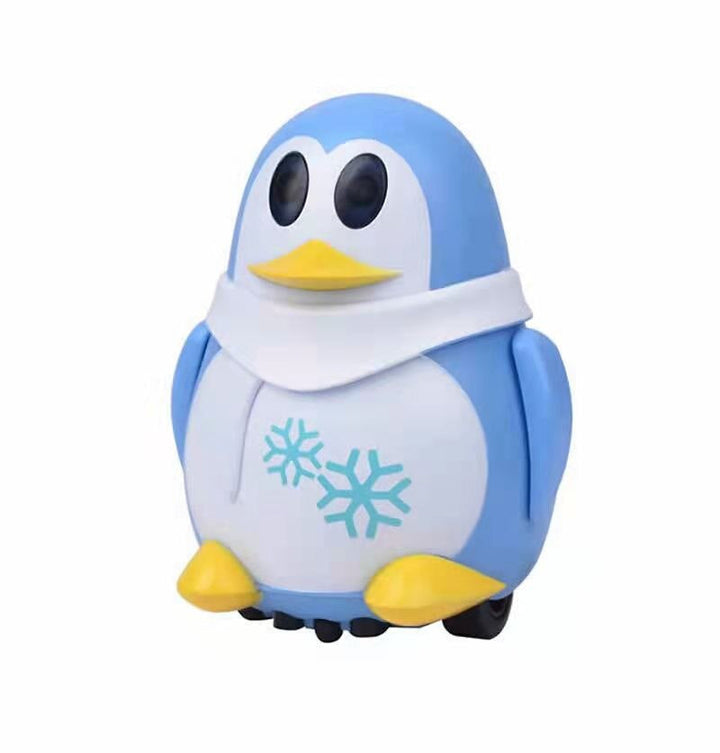 Blue penguin toy with a white scarf, yellow feet, and blue snowflakes on its belly.