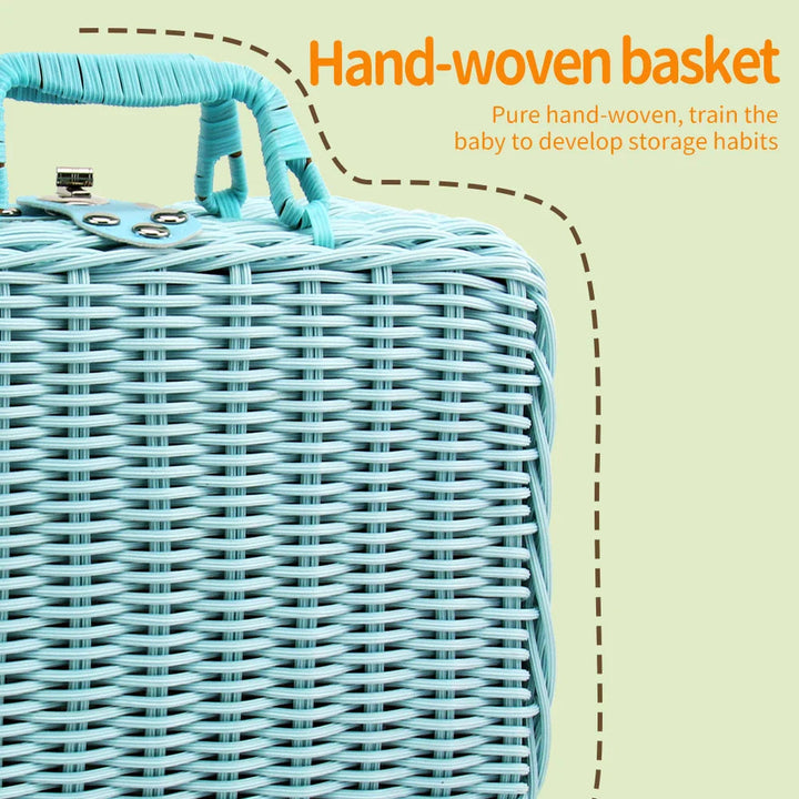 Close-up of a blue woven-look picnic basket with carry handles and a clasp