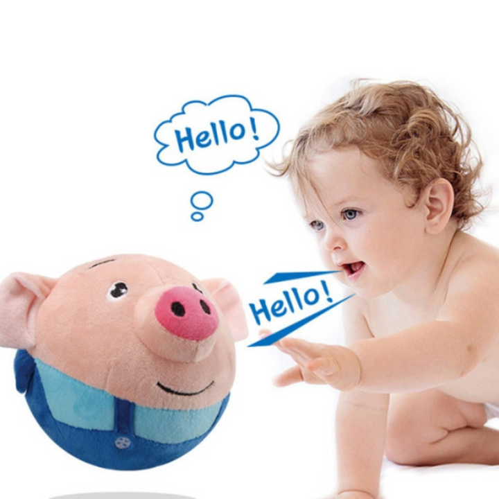 Child beside a blue-outfit pig toy with speech bubbles illustrating sound repetition
