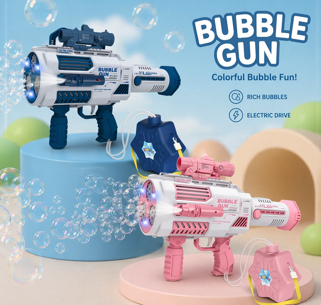 Blue and pink automatic bubble guns with matching external reservoirs and connecting tubes