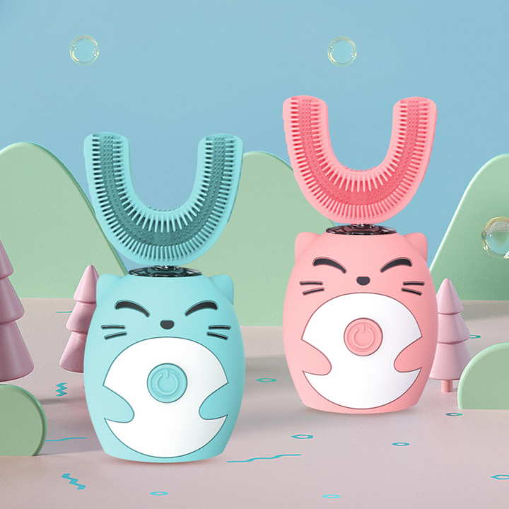 Blue and pink cat-shaped electric toothbrushes with U-shaped silicone heads