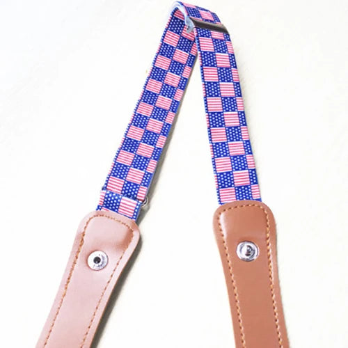 Blue and pink checkered elastic belt with brown snap-on ends