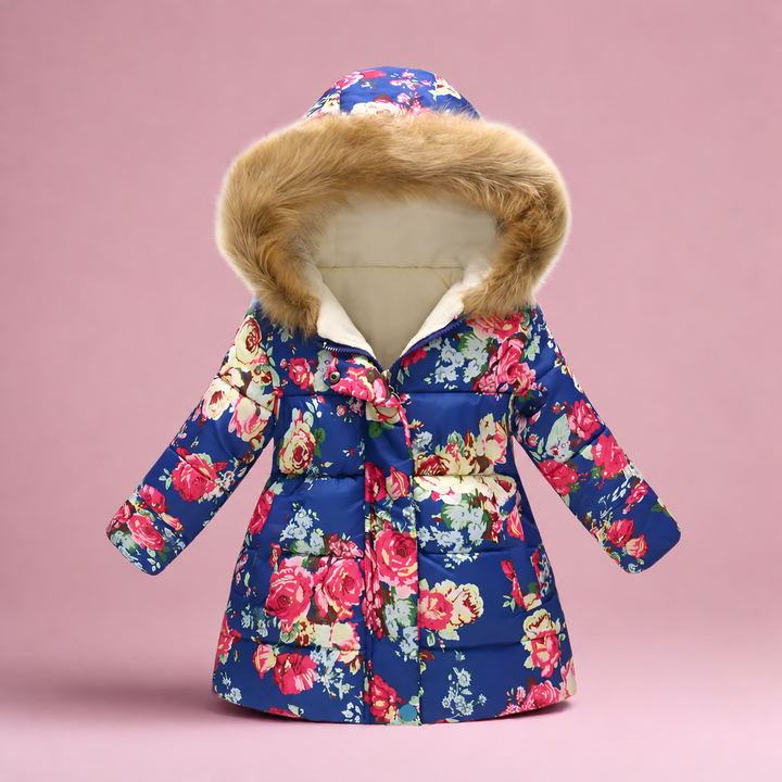Blue quilted coat with pink and cream floral print and fluffy hood trim