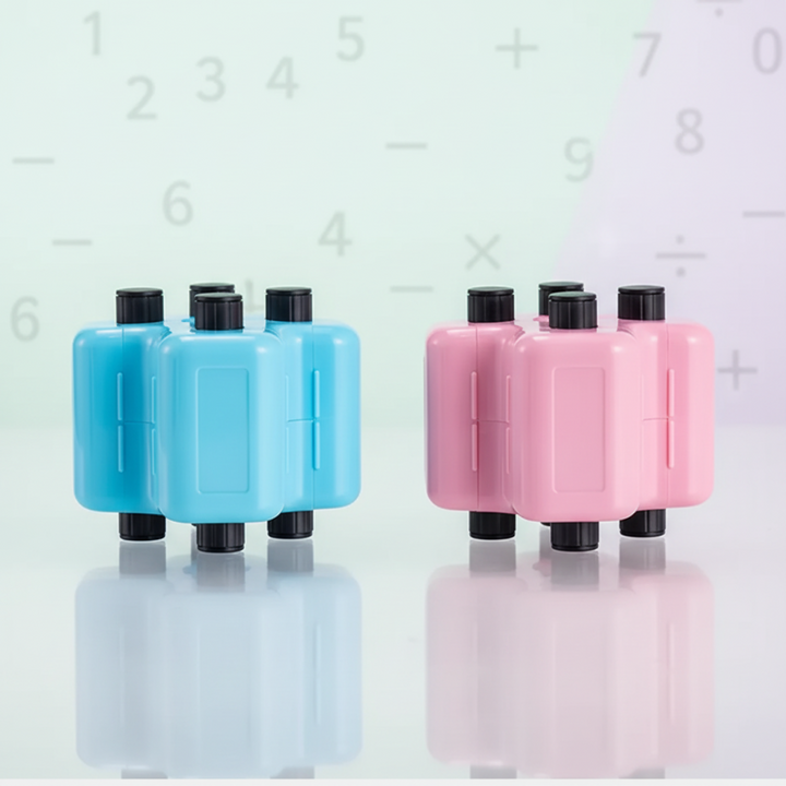 Blue and pink 4-in-1 math roller stamps shown side by side.