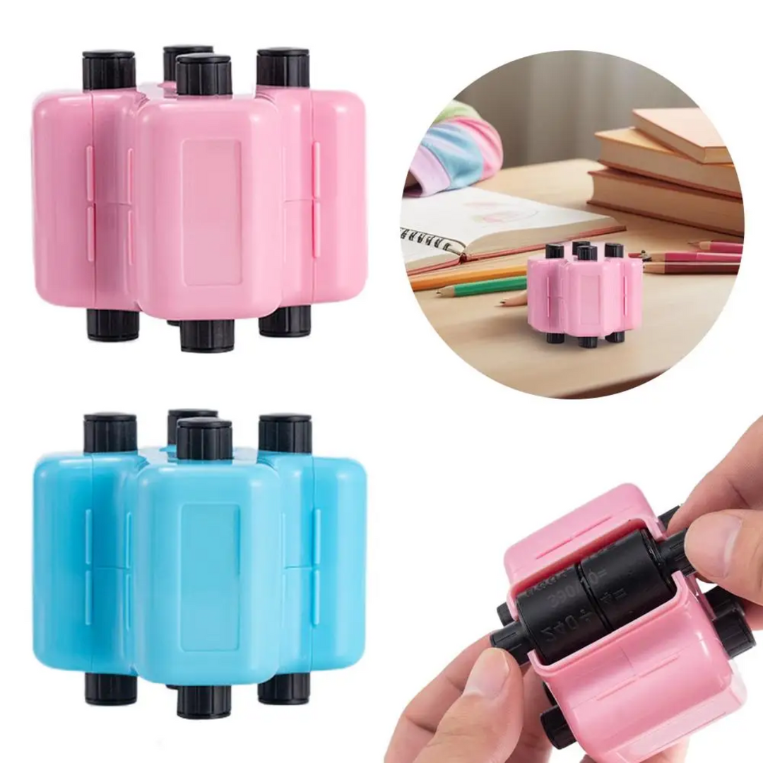 Blue and pink math stamps with close-ups of notebook practice and an adjustable roller.