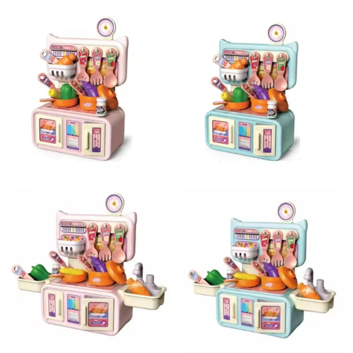 Blue and pink play kitchens shown in compact and expanded layouts