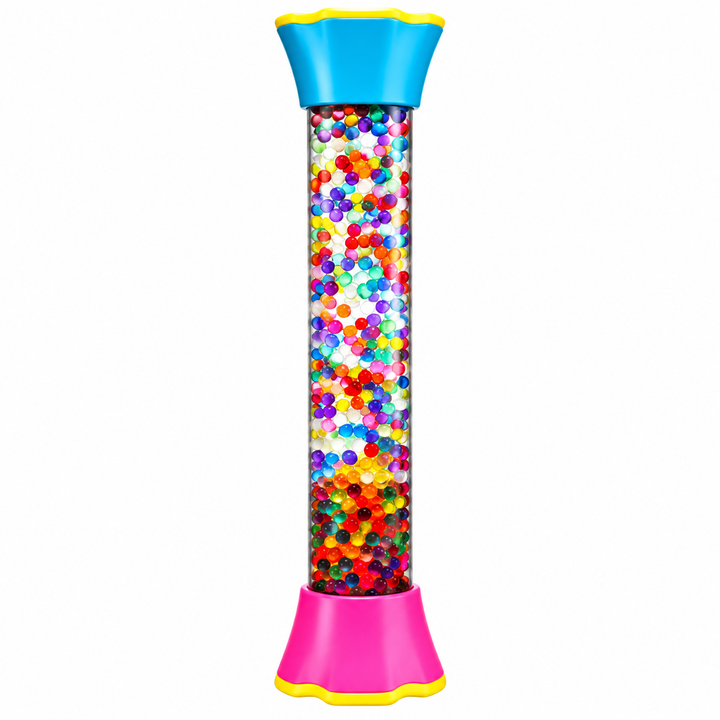 Rainbow bead sensory tube with a blue top and pink base
