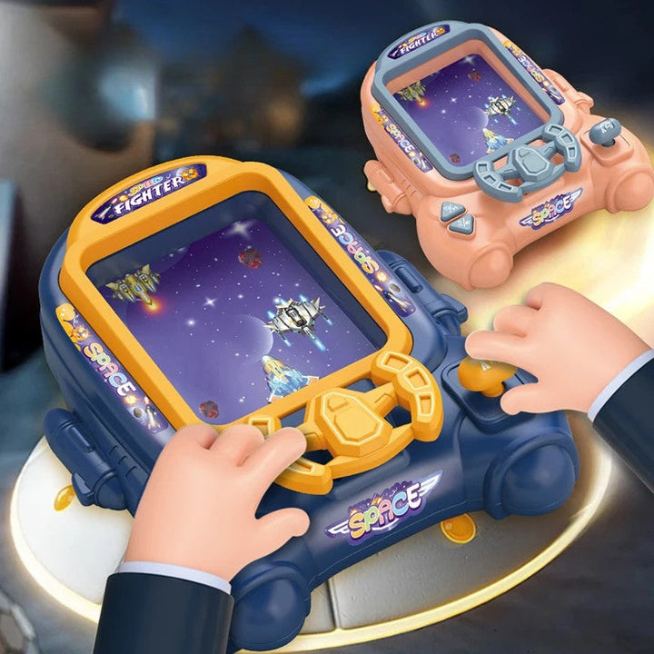 Blue and pink tabletop space arcade games with steering wheels and side controls