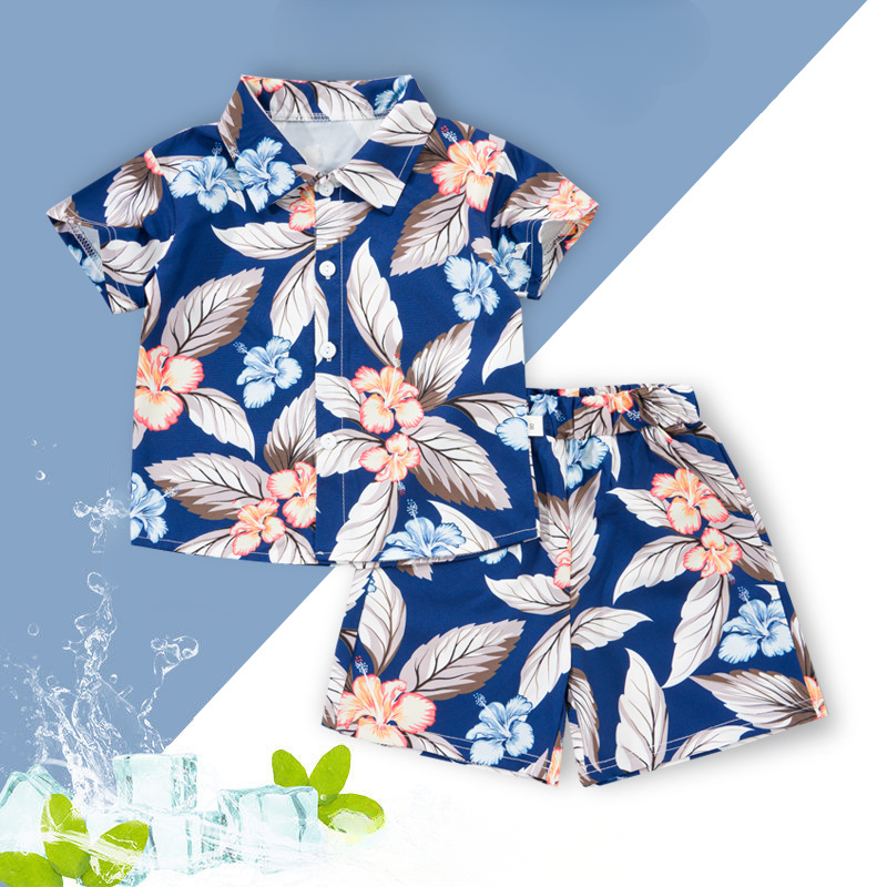 Blue shirt and matching shorts with large pink and white flowers
