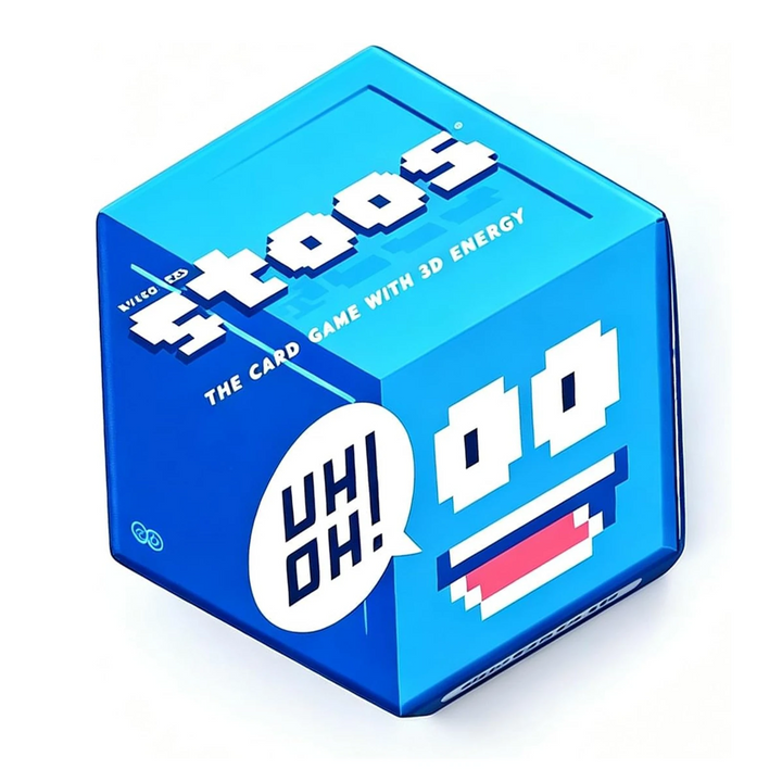 Blue card game box with a pixel-style smiling face on a white background