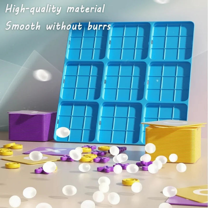 Blue plastic game board displayed with purple and yellow tiles and small X and O pieces