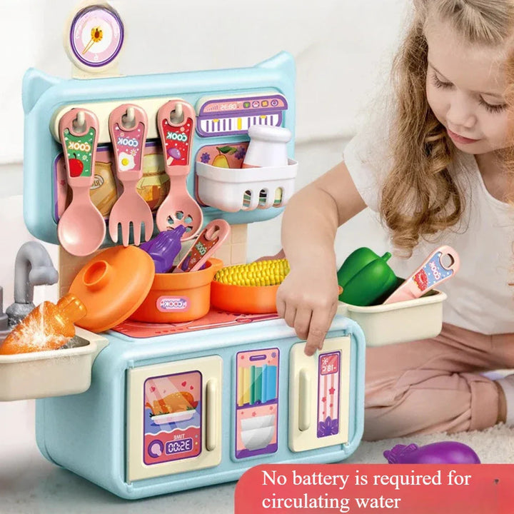 Child playing with a blue countertop kitchen, toy cookware, vegetables, and an open front door
