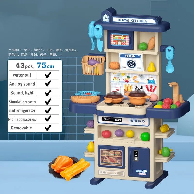Blue play kitchen with toy cookware, vegetables, a pretend oven, and storage shelves.