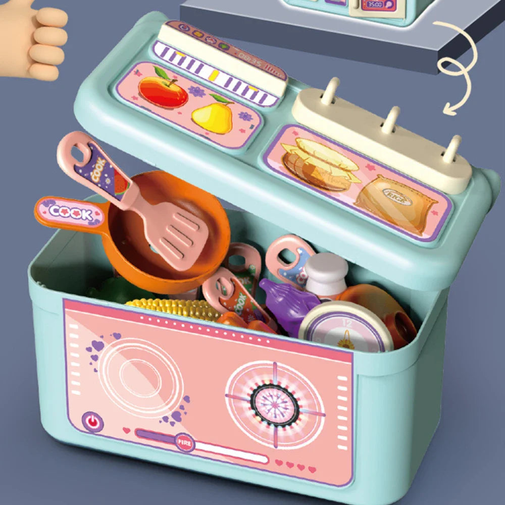 Blue play kitchen with its lid open and toy cookware stored inside the base