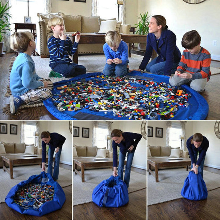 Children and an adult playing on a blue mat, followed by steps showing the mat gathered into a bag.