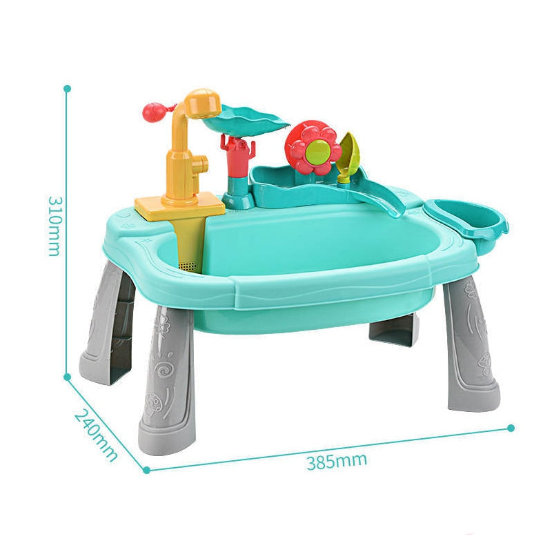 Blue play sink measurement diagram showing 38.5 cm width, 24 cm depth and 31 cm height