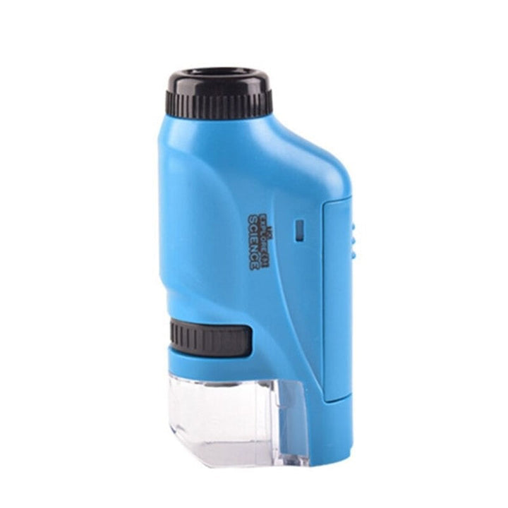 Blue pocket microscope with a black eyepiece, adjustment wheel, and clear base.