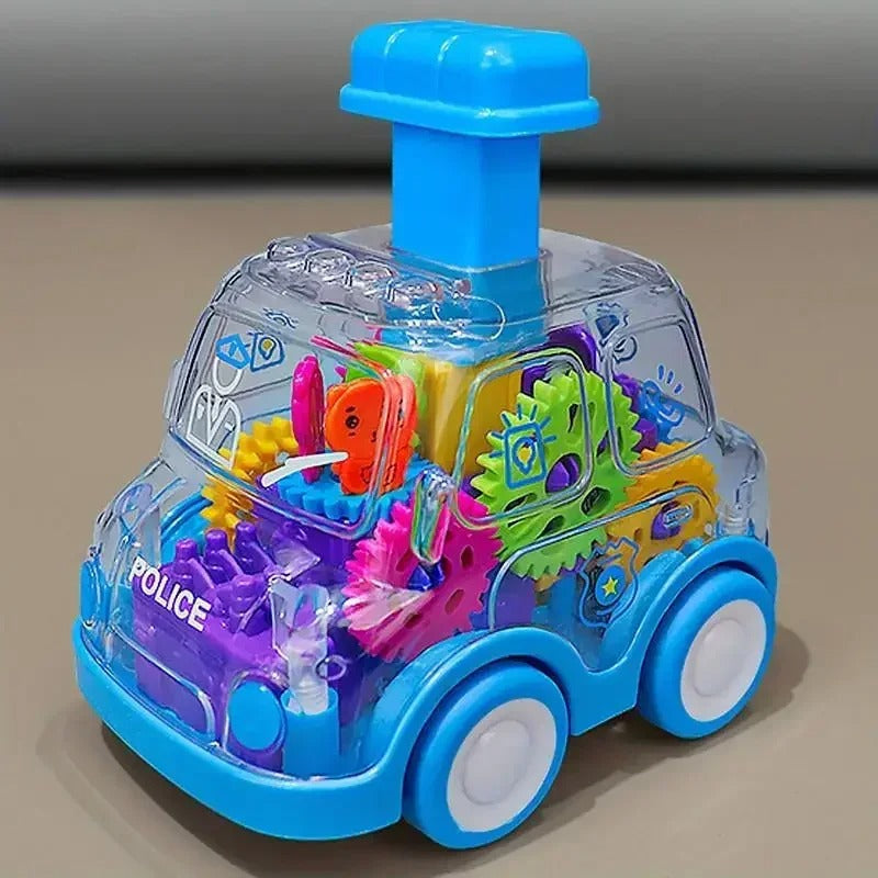 Blue police toy car with a clear body, colorful internal gears, and a blue top button