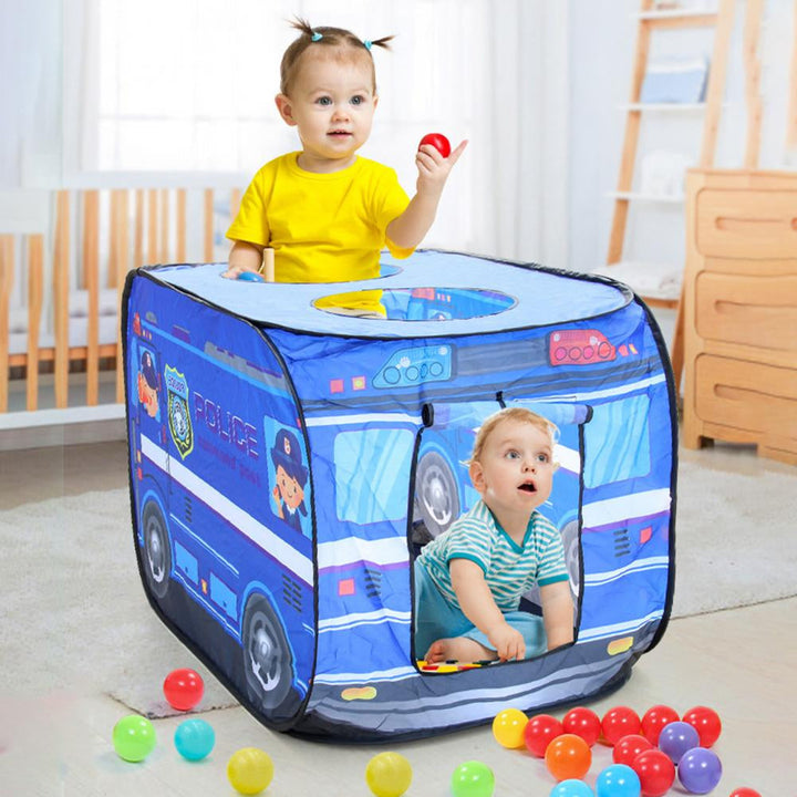 Two children playing in a blue police car tent with colorful balls nearby